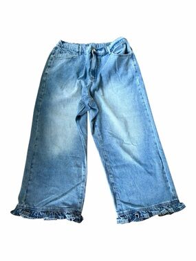 Blue Wide-Leg Denim Jeans with Ruffled Hem